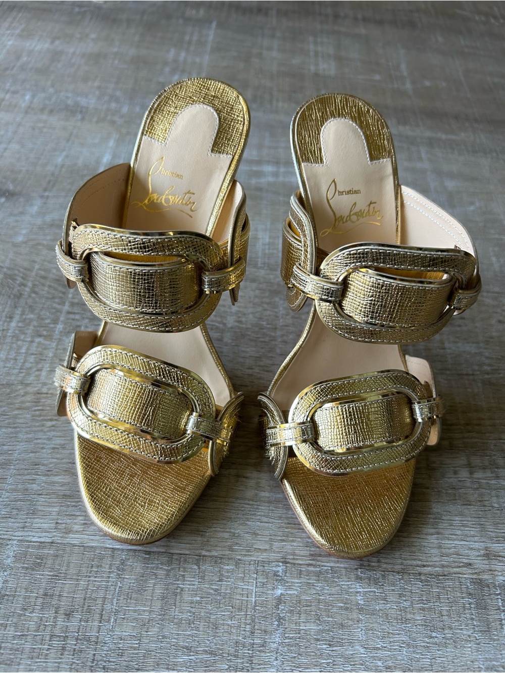 Rare Christian Louboutin Balistra 100 Lamé Specchio Gold Slides 37.5 Unworn - Picture 15 of 16